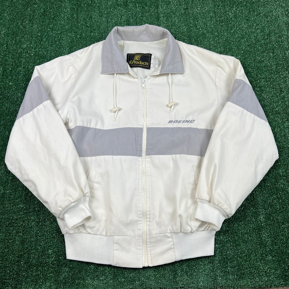 VTG K-Products Boeing Aviation Full Zip Windbreaker Jacket Mens Medium White 80s